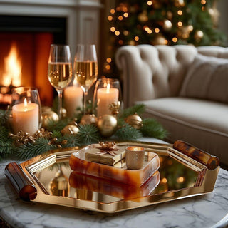 Holiday polished gold stainless steel tray with natural horn handles — elegant serving and décor piece available in three sizes by Third & Main.