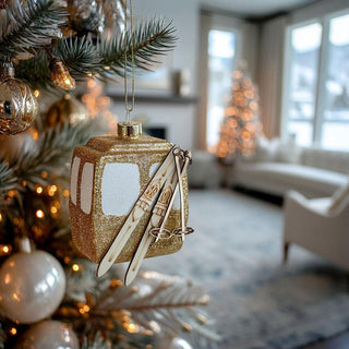 Gold glitter gondola ornament with skis displayed on Christmas tree in cozy living room – whimsical alpine Christmas décor accent for luxury holiday styling. 
