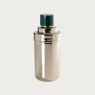 Gold cocktail shaker with green accent lid — elegant modern barware for entertaining or display by Third & Main.