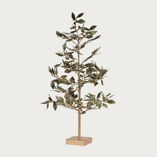 Golden metal tree decor with green metallic leaves on gold base, 19x27.25 inches – modern luxe home accent by Third & Main