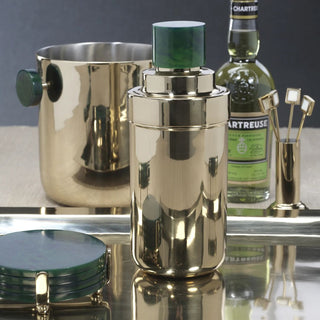 Gold cocktail shaker with green accent lid — elegant modern barware for entertaining or display by Third & Main.