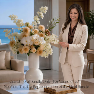 Grand Summer Conservatory faux floral bundle styled by Madi in a tall white vase, featuring faux white bougainvillea, real touch orchids, creamy True Bloom dahlias, creamy roses, and greenery for vases 16 to 22 inches high, created for larger entry tables, dining tables, consoles, and elevated neutral summer home decor.