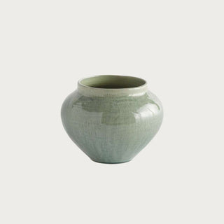 Glossy green ceramic Butera pot with  texture, handcrafted with a matte finish. Perfect for faux florals or as a sculptural accent on shelves or tables.