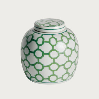 Green and ivory ceramic ginger jar with woven trellis pattern and classic rounded lidded silhouette