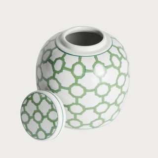 Green and ivory ceramic ginger jar with woven trellis pattern and classic rounded lidded silhouette