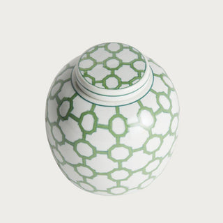 Green and ivory ceramic ginger jar with woven trellis pattern and classic rounded lidded silhouette