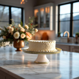 Elegant green and gold checkered cake plate with white base — stylish dessert stand for winter gatherings and holiday entertaining. Third & Main, Home Decor, Holiday Decor, Winter Decor, Celebration, Modern Farmhouse Decor, Modern Traditional Decor