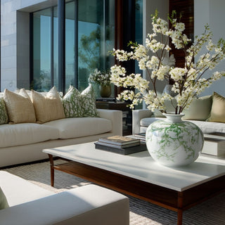 Modern living room with a beige linen sofa, coffee table, and  a green and white chinoiserie round ceramic decorative vase with creamy white blossom branch flowers.