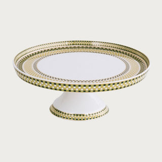 Elegant green and gold checkered cake plate with white base — stylish dessert stand for winter gatherings and holiday entertaining. Third & Main, Home Decor, Holiday Decor, Winter Decor, Celebration, Modern Farmhouse Decor, Modern Traditional Decor