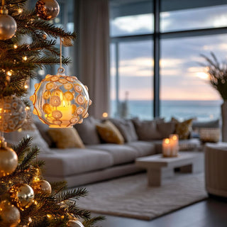 Hanging on a Christmas tree in a cozy living room decorated in warm gold and neutral tones – elegant handcrafted ornament with timeless design for refined holiday home décor.