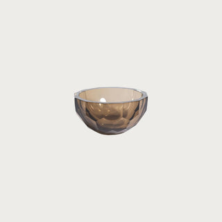 6.25 Inch Wide Hazel Brown Cut Glass Bowl with translucent brown glass, faceted cut detail, rounded shape, and reflective finish for tabletop styling.