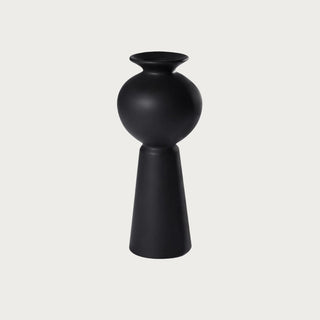 Hinoki Matte Black stoneware vase, 12.25 inches tall, sculptural modern silhouette with rounded body and tapered base.