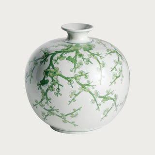 Green and white Chinoiserie ceramic vase with a soft botanical pattern on a crisp white base. A timeless spring decor accent perfect for styling consoles, shelves, dining tables, and entryways with faux florals or as a standalone statement piece.
