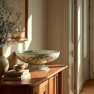 Green and white Chinoiserie footed ceramic bowl featuring a soft botanical pattern on a crisp white base. Styled on a wood entryway table with warm morning light shining in. A timeless yet fresh spring decor accent perfect for dining tables, consoles, kitchen islands, and curated shelf styling.