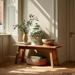 Large green and white Chinoiserie ginger jar with lid featuring a soft botanical pattern on a crisp white ceramic base. A timeless yet fresh spring decor accent for entryways, shelves, sideboards, and curated interiors with classic and modern appeal.
