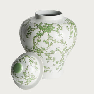 Large green and white Chinoiserie ginger jar with lid featuring a soft botanical pattern on a crisp white ceramic base. A timeless yet fresh spring decor accent for entryways, shelves, sideboards, and curated interiors with classic and modern appeal.
