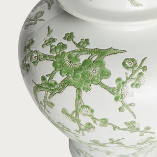 Large green and white Chinoiserie ginger jar with lid featuring a soft botanical pattern on a crisp white ceramic base. A timeless yet fresh spring decor accent for entryways, shelves, sideboards, and curated interiors with classic and modern appeal.