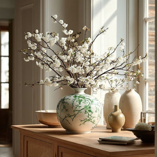 Green and white Chinoiserie ceramic vase with a soft botanical pattern on a crisp white base. A timeless spring decor accent perfect for styling consoles, shelves, dining tables, and entryways with faux florals or as a standalone statement piece.