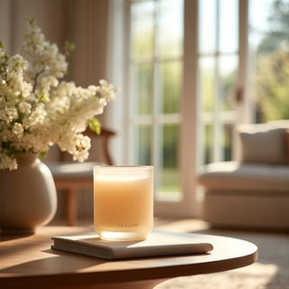 Isla Lily candle in frosted glass jar styled on round wood table with book and floral vase in sunlit neutral living room