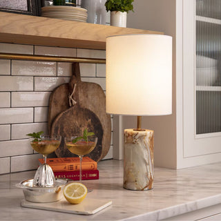 Modern jade stone table lamp with cylindrical base and brass accents, Home Decor, Third & Main, Luxury Decor, Luxury Lighting, Contemporary Decor, Fall Decor, Styled Decor, Regina Andrews Lighting