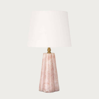 Pink quartz–style mini lamp with resin base and linen shade, featuring soft blush tones and warm brass accents, perfect for refined spring home décor and quiet luxury interiors.