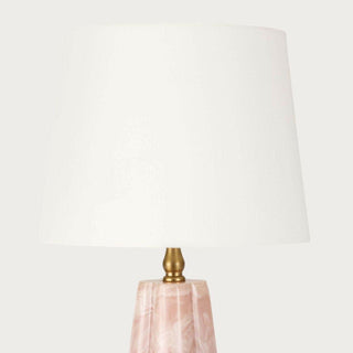 Pink quartz–style mini lamp with resin base and linen shade, featuring soft blush tones and warm brass accents, perfect for refined spring home décor and quiet luxury interiors.