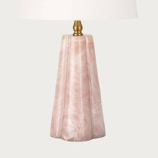 Pink quartz–style mini lamp with resin base and linen shade, featuring soft blush tones and warm brass accents, perfect for refined spring home décor and quiet luxury interiors.