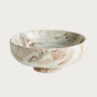 10" D Round marble footed bowl with natural cream, beige, and blush veining – decorative pedestal stone bowl for kitchen, dining, or coffee table styling. Home Decor, Third and Main, Contemporary Decor, Luxury Decor, Fall Decor
