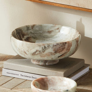 10" D Round marble footed bowl with natural cream, beige, and blush veining – decorative pedestal stone bowl for kitchen, dining, or coffee table styling. Home Decor, Third and Main, Contemporary Decor, Luxury Decor, Fall Decor