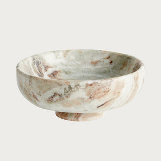 natural marble footed bowl with brown and cream veining styled for entry table coffee table or shelf decor
