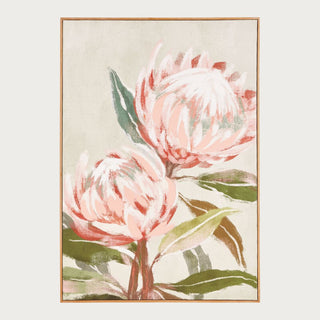 Large King Protea floral art print featuring two pink and white blooms with green foliage, watercolor-style botanical giclée wall art with natural wood frame, perfect for modern or bohemian home decor.