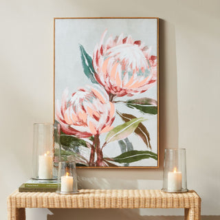 Large King Protea floral art print featuring two pink and white blooms with green foliage, watercolor-style botanical giclée wall art with natural wood frame, perfect for modern or bohemian home decor.