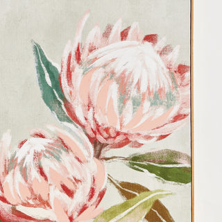 Large King Protea floral art print featuring two pink and white blooms with green foliage, watercolor-style botanical giclée wall art with natural wood frame, perfect for modern or bohemian home decor.