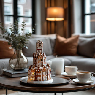 Gingerbread house on a table with a cup of coffee in a cozy living room.