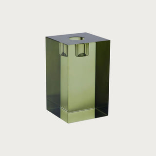 Tall (Large) square green crystal glass taper candle holder — modern geometric holiday décor accent in quiet luxury style by Third & Main.