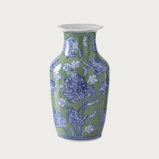 Large 14.25-inch sage green ceramic vase with tall neck, flared white rim, and detailed cobalt blue and white botanical floral pattern.