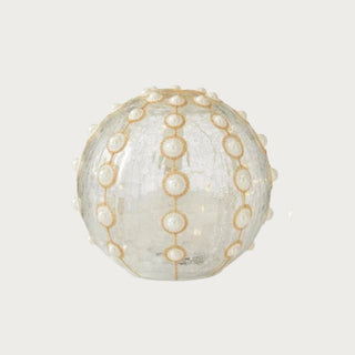 Large 7-inch clear glass LED globe with pearl and gold detailing – handcrafted crackled glass decorative light for refined Christmas or winter home displays.