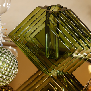Large Diamond Motif Emerald Green Crystal Vase, 8.25 x 3.5 x 5.5 inches, a geometric faceted green glass vase for modern interiors.