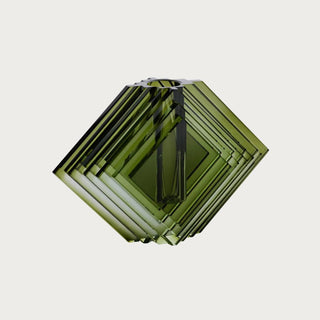 Large Diamond Motif Emerald Green Crystal Vase, 8.25 x 3.5 x 5.5 inches, geometric faceted green glass vase for modern interiors.