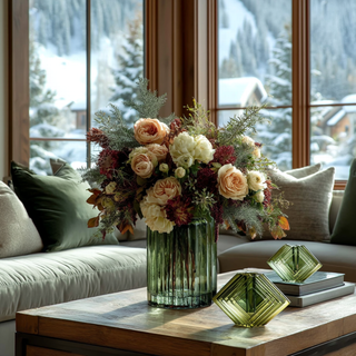 Large Diamond Motif Emerald Green Crystal Vase styled on wooden coffee table with winter mountain view and floral arrangement.
