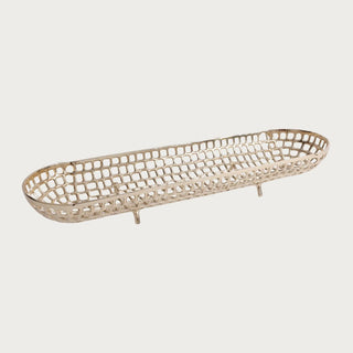 Large Gold Oval Alloy Tray, 28.25 inches, open lattice metal tray in polished gold for modern table styling.