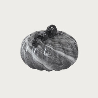 Large Black & Gray Swirl Glass Pumpkin with wide low glass shape, smoky marbled pattern, glossy black stem, and reflective finish for Halloween and fall tabletop styling.