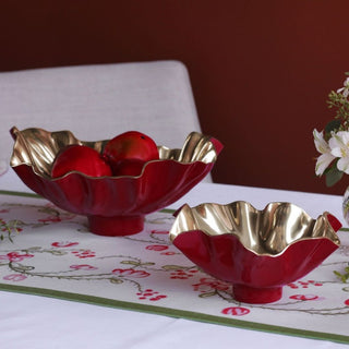 Large red and gold Thanni Bloom bowl with sculptural ruffled edge — handcrafted decorative centerpiece made to order by Third & Main.