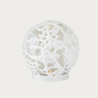 White scrolled snowflake LED water globes with swirling glitter effect — elegant holiday décor set available in large and small sizes by Third & Main.