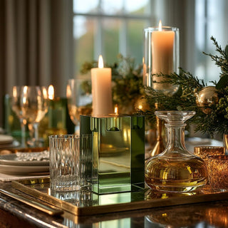 Tall (Large) square green crystal glass taper candle holder — modern geometric holiday décor accent in quiet luxury style by Third & Main.