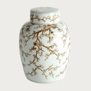 Large ceramic lidded Empress Jar, 15.25 inches tall, cream glaze with golden-taupe plum blossom design – decorative ginger jar for home styling.