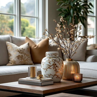 Large ceramic lidded Empress Jar with golden-taupe plum blossom design styled on coffee table with gold ribbed vase, candles, and neutral sofa.
