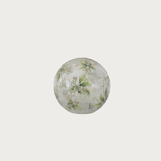 Large crackled glass LED globe with gold holly design and faux snow – illuminated holiday decoration with timer for refined Christmas home décor.