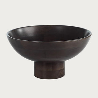 Large pedestal mango wood bowl, 15 inches wide and 10 inches high, handcrafted with dark finish and modern rounded basin.