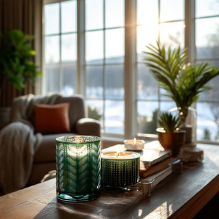 Bring organic sophistication to your space with this metallic green laser-etched hurricane candle holder—where nature meets modern elegance. Third & Main, Home Decor, Holiday Decor, Winter Decor